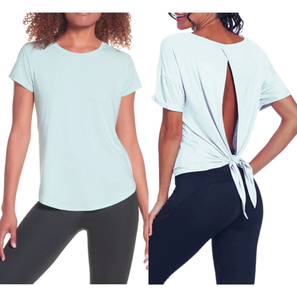 Zella Ruched Tie T-Shirt Cut-Out Back Short Sleeve Heathered Blue Sky Large NEW